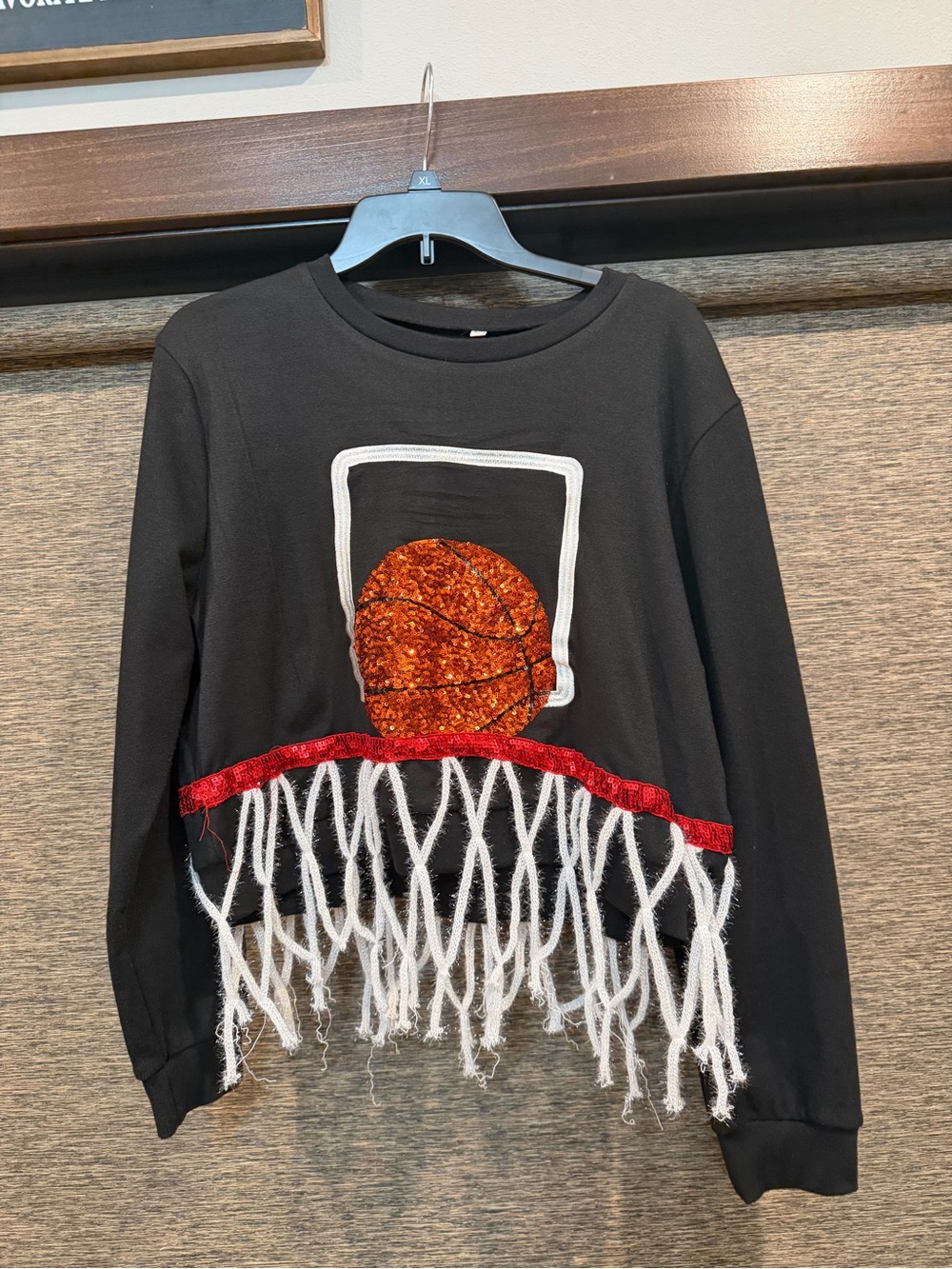 Black with Orange Sequin Basketball & Hoop with Fringe Sweatshirt XL